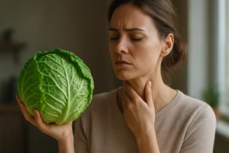 Žena drži kapustu a dotýka sa krku, symbolizujúca starostlivosť o štítnu žľazu.