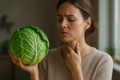 Žena drži kapustu a dotýka sa krku, symbolizujúca starostlivosť o štítnu žľazu.