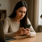 Žena s vážnym výrazom sleduje smartphone pri stole.