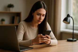 Žena s vážnym výrazom sleduje smartphone pri stole.