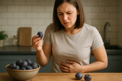 Žena so slivkou v ruke, vyzerá nepokojne, drží sa za brucho.