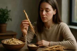 Žena skúma koreň Astragalus na podporu zdravia