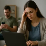 Mladá žena za laptopom vyzerá znepokojene, muž so smartfónom na pozadí.