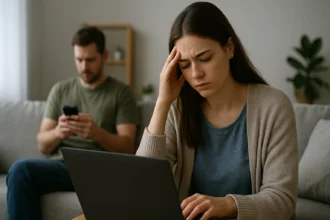 Mladá žena za laptopom vyzerá znepokojene, muž so smartfónom na pozadí.