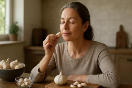 Žena si vychutnáva cesnak pre jeho liečivé účinky na zdravie