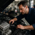 Mechanik kontroluje OHV motor v automobile