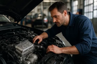 Mechanik kontroluje OHV motor v automobile