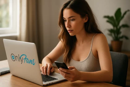 Žena pracuje na svojom OnlyFans profile na notebooku a smartfóne.