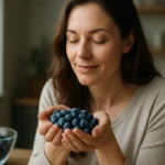 Žena s čučoriedkami v ruke, vyžarujúca pohodu a zdravie.