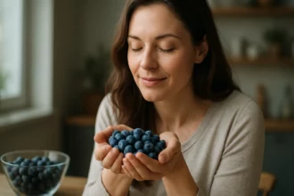 Žena s čučoriedkami v ruke, vyžarujúca pohodu a zdravie.