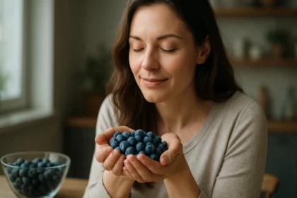 Žena s čučoriedkami v ruke, vyžarujúca pohodu a zdravie.