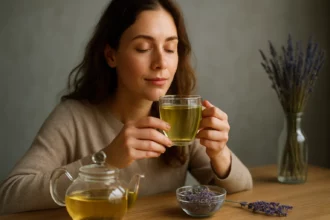 Žena vychutnávajúca si šálku levanduľového čaju na stole.