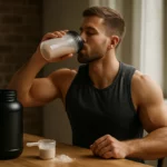 Muž s srvátkovým proteínom, posilňovanie svalov, zdravie