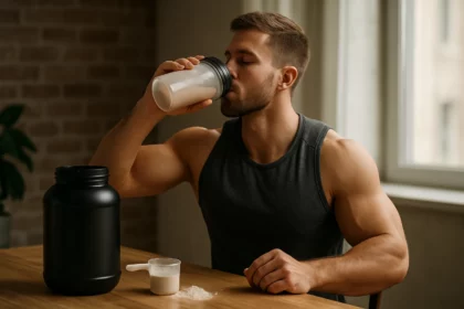 Muž s srvátkovým proteínom, posilňovanie svalov, zdravie