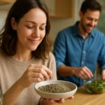 Žena a muž pripravujú jedlo s konopnými semienkami v kuchyni.