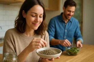 Žena a muž pripravujú jedlo s konopnými semienkami v kuchyni.