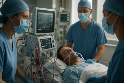 Zdravotníci pri aplikácii ECMO na pacienta v nemocnici.