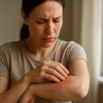 Žena so začervenanou pokožkou na predlaktí po kontakte s lúhom.