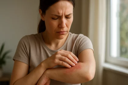 Žena so začervenanou pokožkou na predlaktí po kontakte s lúhom.