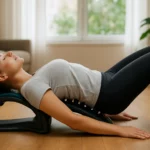 Žena používajúca zariadenie na natiahnutie chrbtice v obývačke.