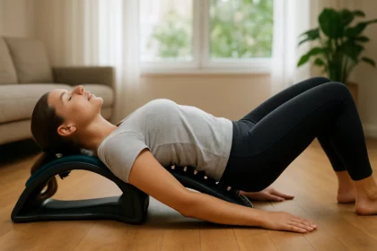 Žena používajúca zariadenie na natiahnutie chrbtice v obývačke.