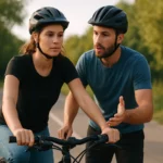 Začiatočníci pri učení sa jazdiť na bicykli s inštruktorom.