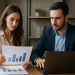 Dva profesionáli analyzujú grafy a ekonomické dáta na pracovnom stole.