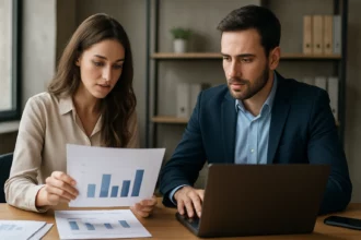 Dva profesionáli analyzujú grafy a ekonomické dáta na pracovnom stole.