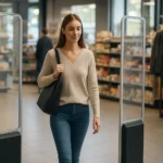 Žena prechádza ochrannými bránami v modernom maloobchode