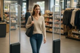 Žena prechádza ochrannými bránami v modernom maloobchode