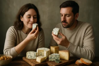 Pár degustuje plesnivé syry a vychutnáva si ich chuťové nuansy.