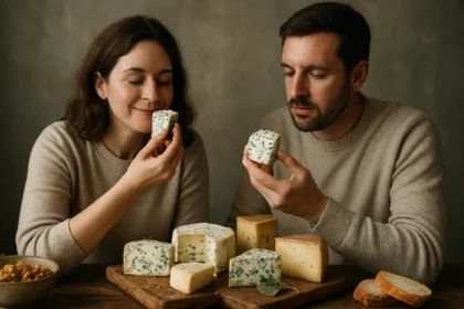 Pár degustuje plesnivé syry a vychutnáva si ich chuťové nuansy.