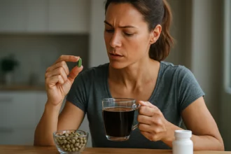 Žena drží zelenú kávu a tabletku, zamyslená nad účinkami.