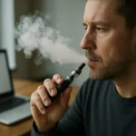 Muž fajčiaci e-cigaretu pri počítači v interiéri.