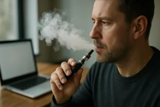 Muž fajčiaci e-cigaretu pri počítači v interiéri.