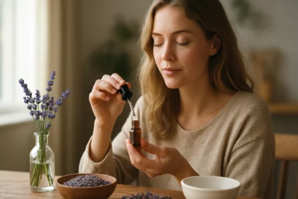 Žena s levanduľovým esenciálnym olejom a sušenou levanduľou.