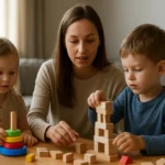 Deti hrajúce si s blokmi a hračkami pod vedením dospelej osoby