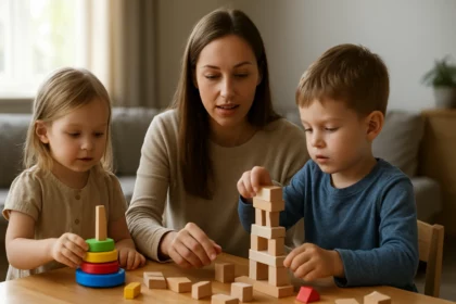 Deti hrajúce si s blokmi a hračkami pod vedením dospelej osoby