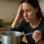 Žena s bolestivým výrazom drží varešku v hliníkovom hrnci.