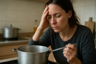 Žena s bolestivým výrazom drží varešku v hliníkovom hrnci.