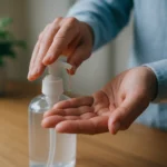 Osoba používajúca alkoholový dezinfekčný prostriedok na ruky.