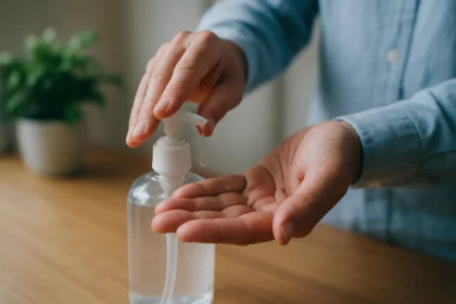 Osoba používajúca alkoholový dezinfekčný prostriedok na ruky.