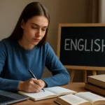 Mladá žena sa učí angličtinu pri stole s knihami a laptopom.