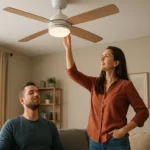 Žena zapína stropný ventilátor v pohodlnom obývacom priestore.