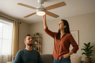Žena zapína stropný ventilátor v pohodlnom obývacom priestore.