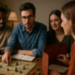 Skupina priateľov hrá rolu hrajúcu hru pri stole s mapou a figúrkami.