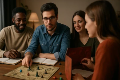Skupina priateľov hrá rolu hrajúcu hru pri stole s mapou a figúrkami.