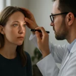 Očný lekár vyšetruje pacientku na rozšírené zreničky