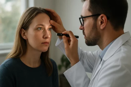 Očný lekár vyšetruje pacientku na rozšírené zreničky