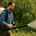 Muži používajúci motorový chrbtový postrekovač v záhrade